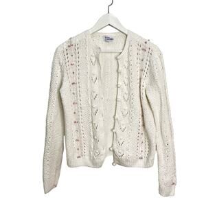 Vintage Deans Scotland 60s Size M Hand Knit White Flower Bobble Cardigan Sweater